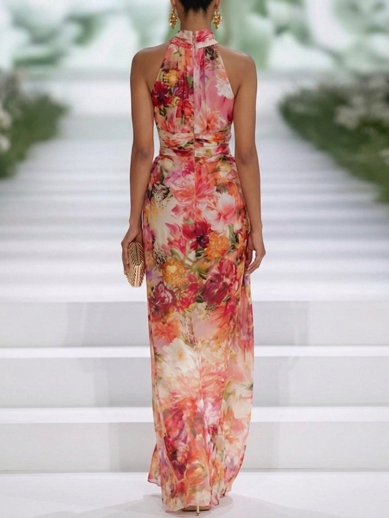 Vestido Maxi de Gasa Rojo Floral con Cuello Halter sin Mangas