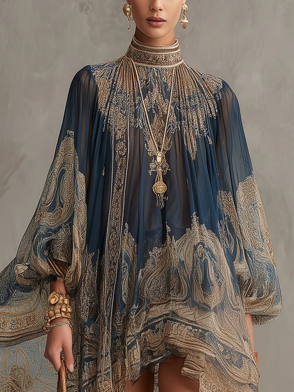 Marianna | Vestido Mini de Gasa Azul Marino con Estampado Barroco Dorado