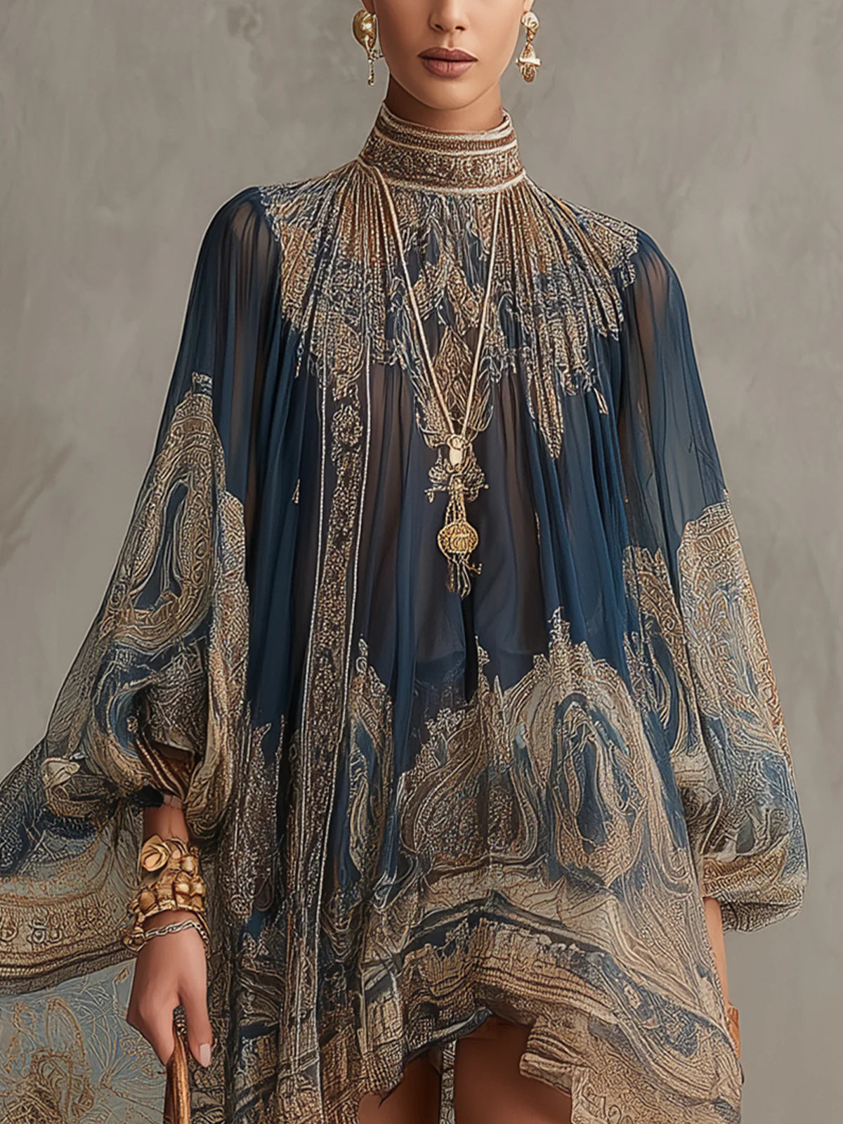 Marianna | Vestido Mini de Gasa Azul Marino con Estampado Barroco Dorado