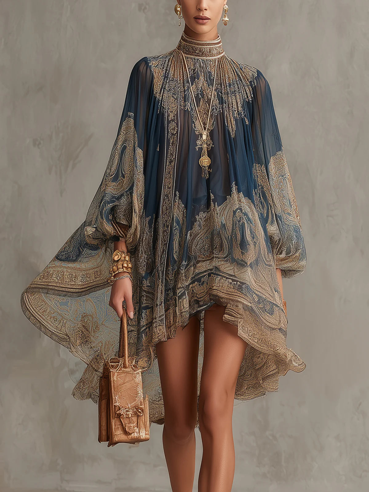 Marianna | Vestido Mini de Gasa Azul Marino con Estampado Barroco Dorado