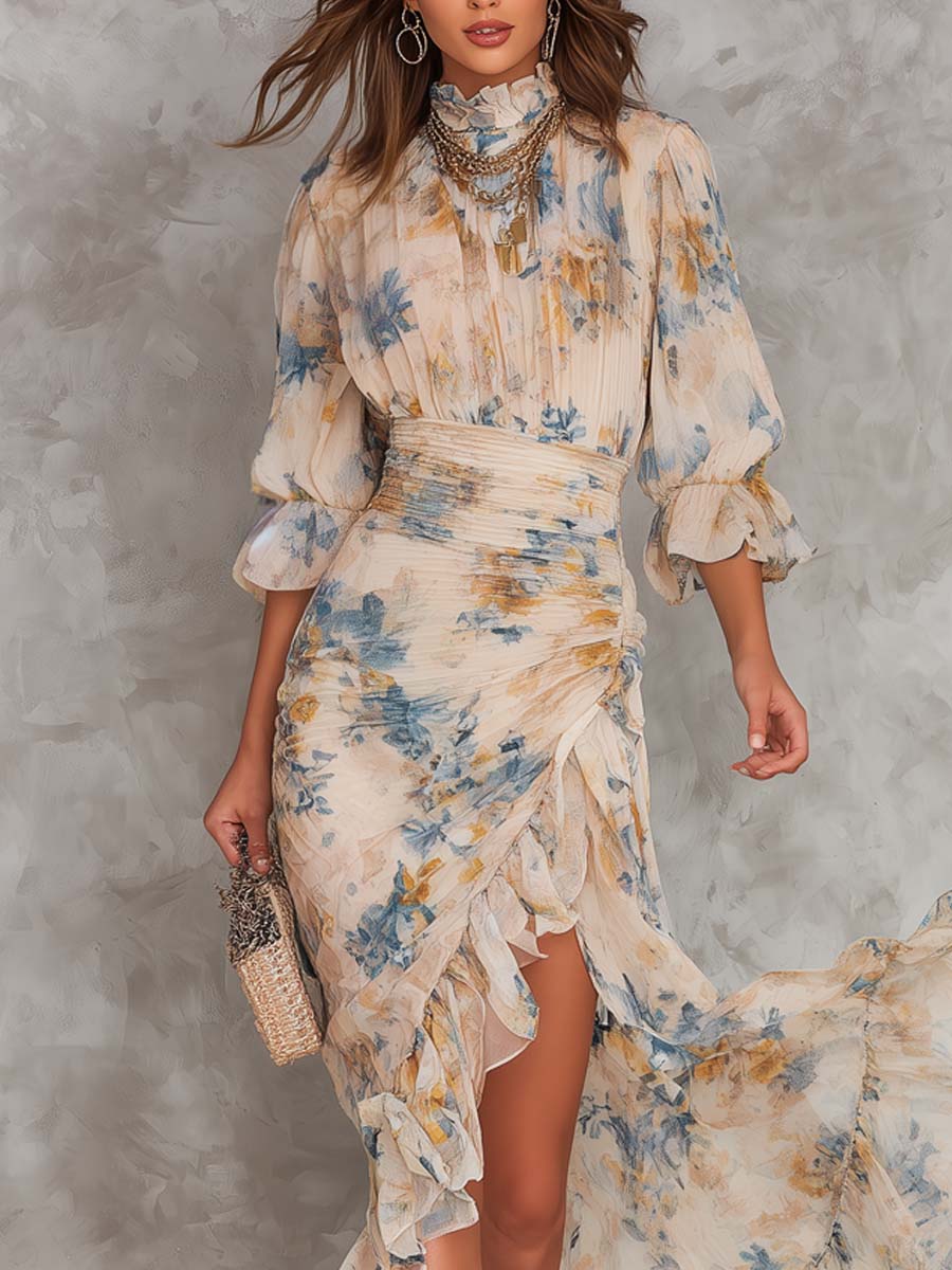 Vestido Maxi de Gasa Beige de Cuello Alto con Estampado Floral de Pintura al Óleo