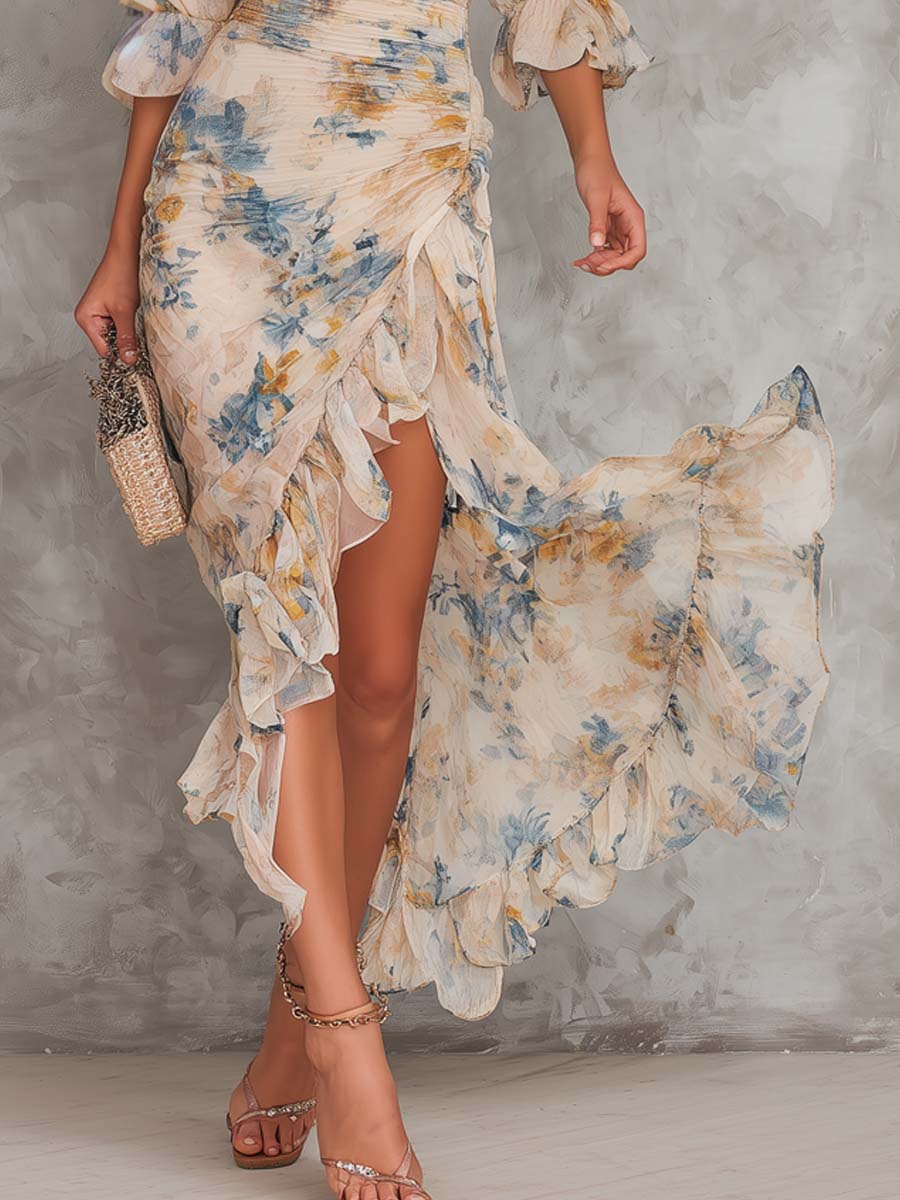 Vestido Maxi de Gasa Beige de Cuello Alto con Estampado Floral de Pintura al Óleo