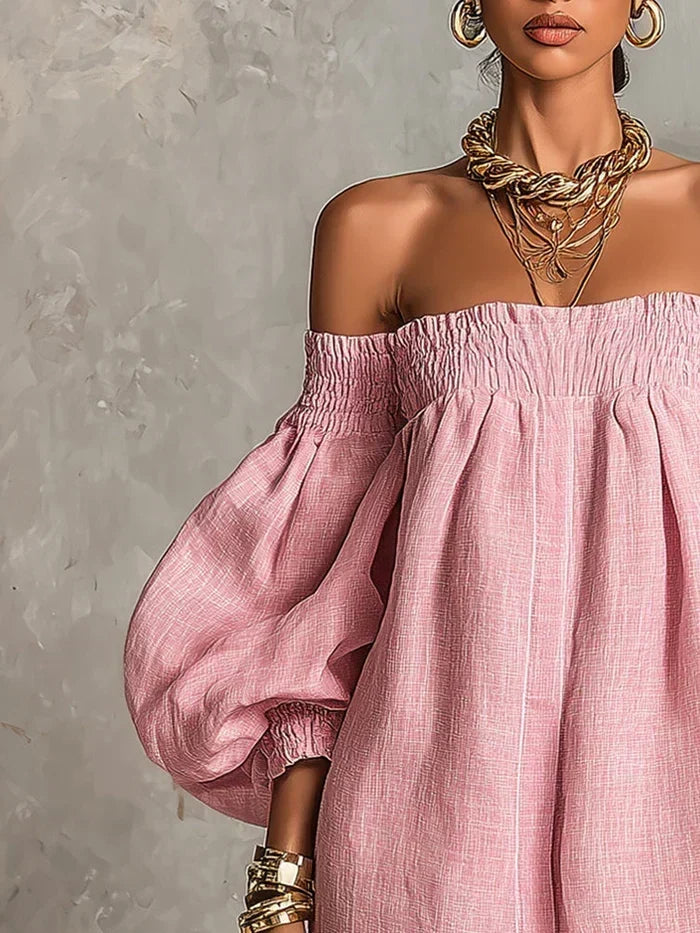 Gisela Vestido Mini Rosa Línea A con Mangas Abullonadas y Diseño Off-Shoulder