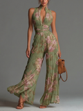 Mono de Gasa Verde Floral con Cuello en V, sin Mangas y Pantalón Ancho Plisado