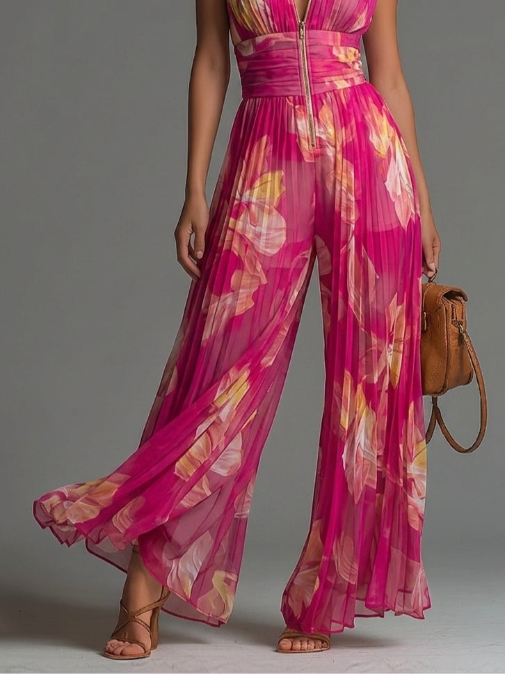 Mono de Gasa Fucsia con Estampado Floral, sin Mangas y Pantalón Ancho Plisado