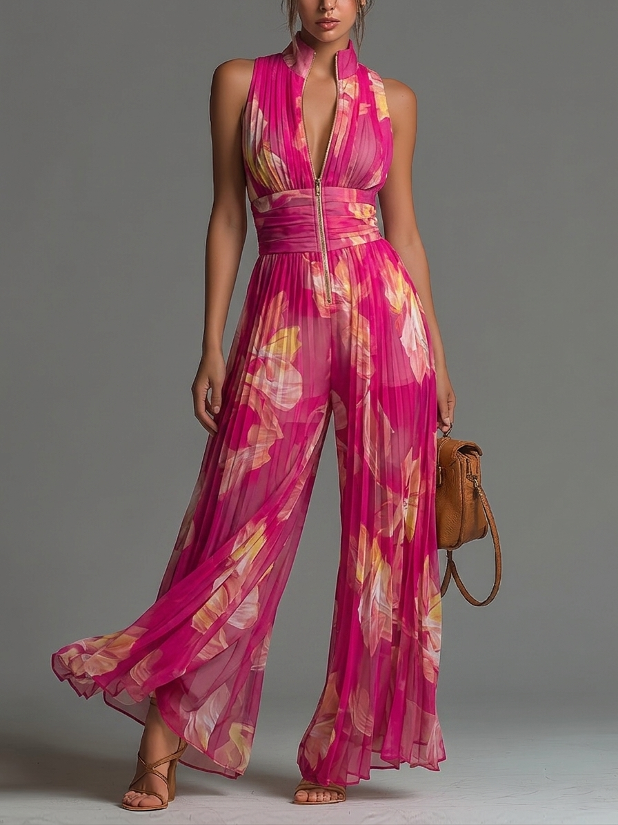 Mono Zsófia | Chiffón plisado de color fucsia con estampado floral • S1