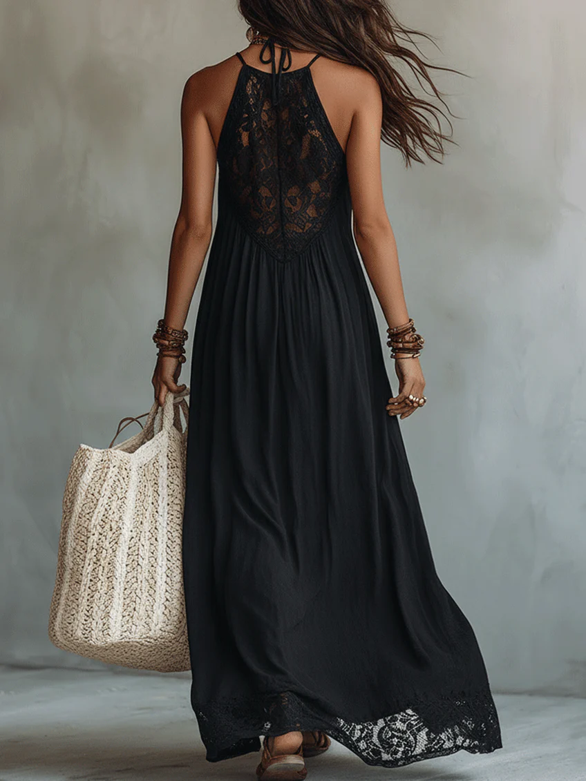 Vestido Maxi Negro Bohemio sin Mangas con Ribete de Encaje