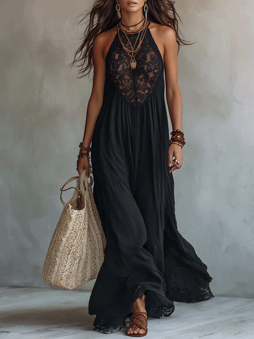 Vestido Maxi Negro Bohemio sin Mangas con Ribete de Encaje