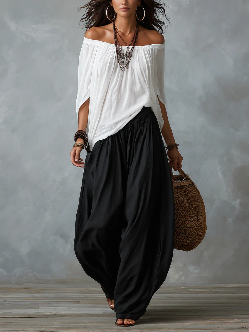 Conjunto Blanco de Top con Hombros Descubiertos y Pantalón Farol Holgado