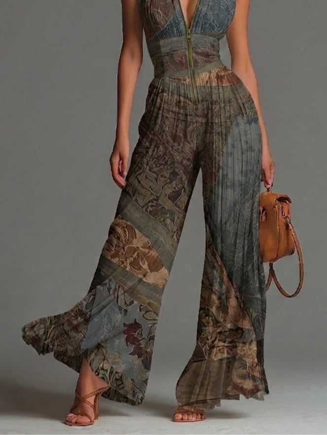 Mono de Gasa con Estampado Étnico Bohemio, sin Mangas y Pantalón Ancho Plisado
