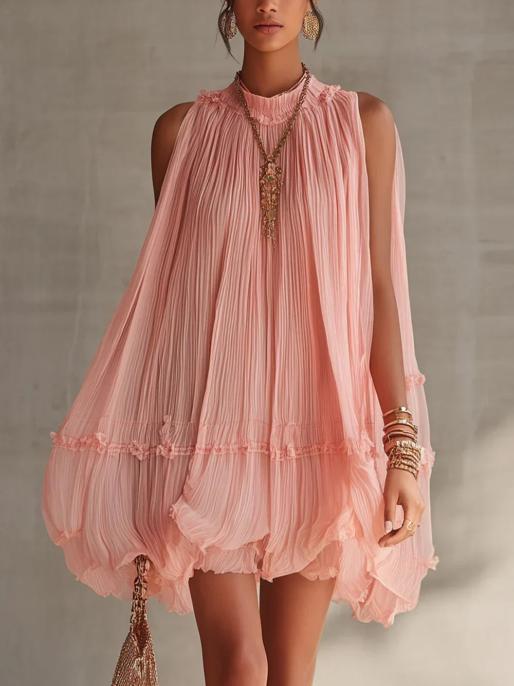 Magdalena Vestido Mini de Gasa a Rayas Rosa con Cuello Halter