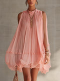 Magdalena Vestido Mini de Gasa a Rayas Rosa con Cuello Halter