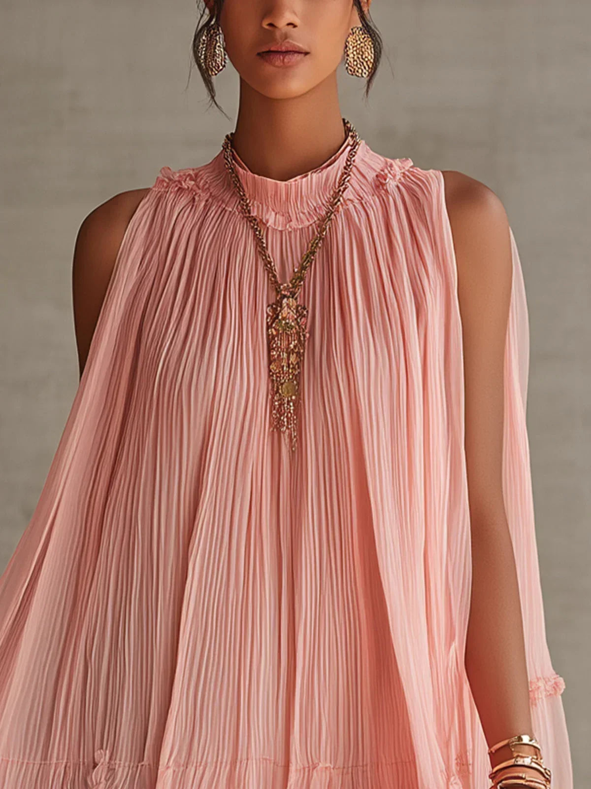 Magdalena Vestido Mini de Gasa a Rayas Rosa con Cuello Halter