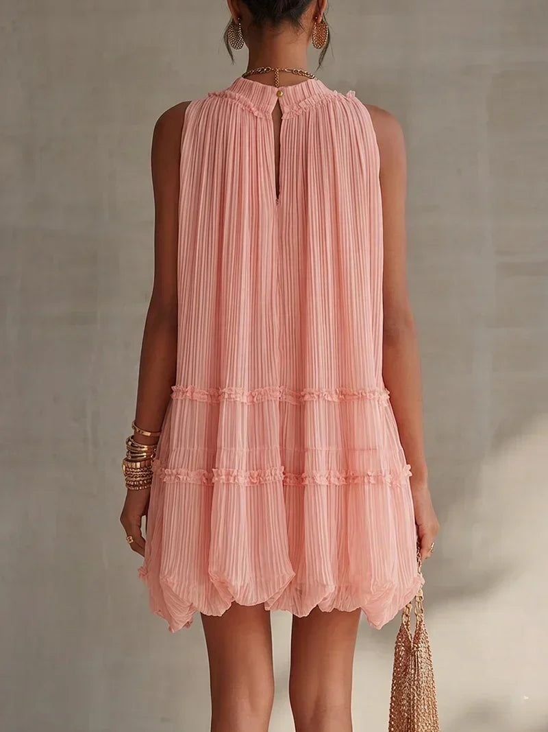 Vestido Corto de Gasa a Rayas Rosa Magdalena con Cuello Halter