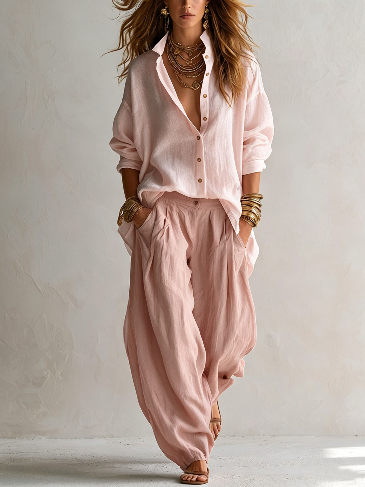 Conjunto de camisa blanca holgada y pantalón verde de pierna ancha tipo farol