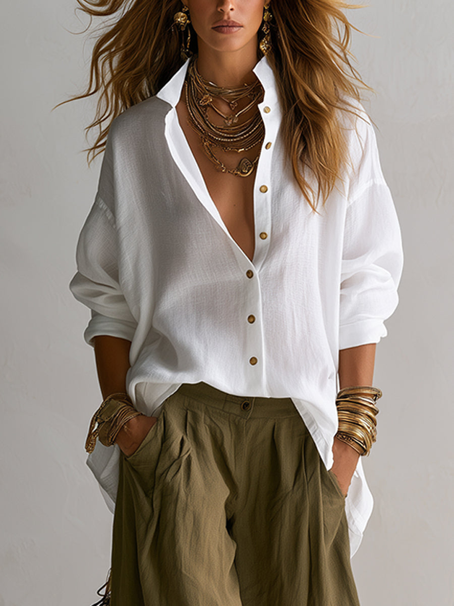Conjunto de camisa blanca holgada y pantalón verde de pierna ancha tipo farol