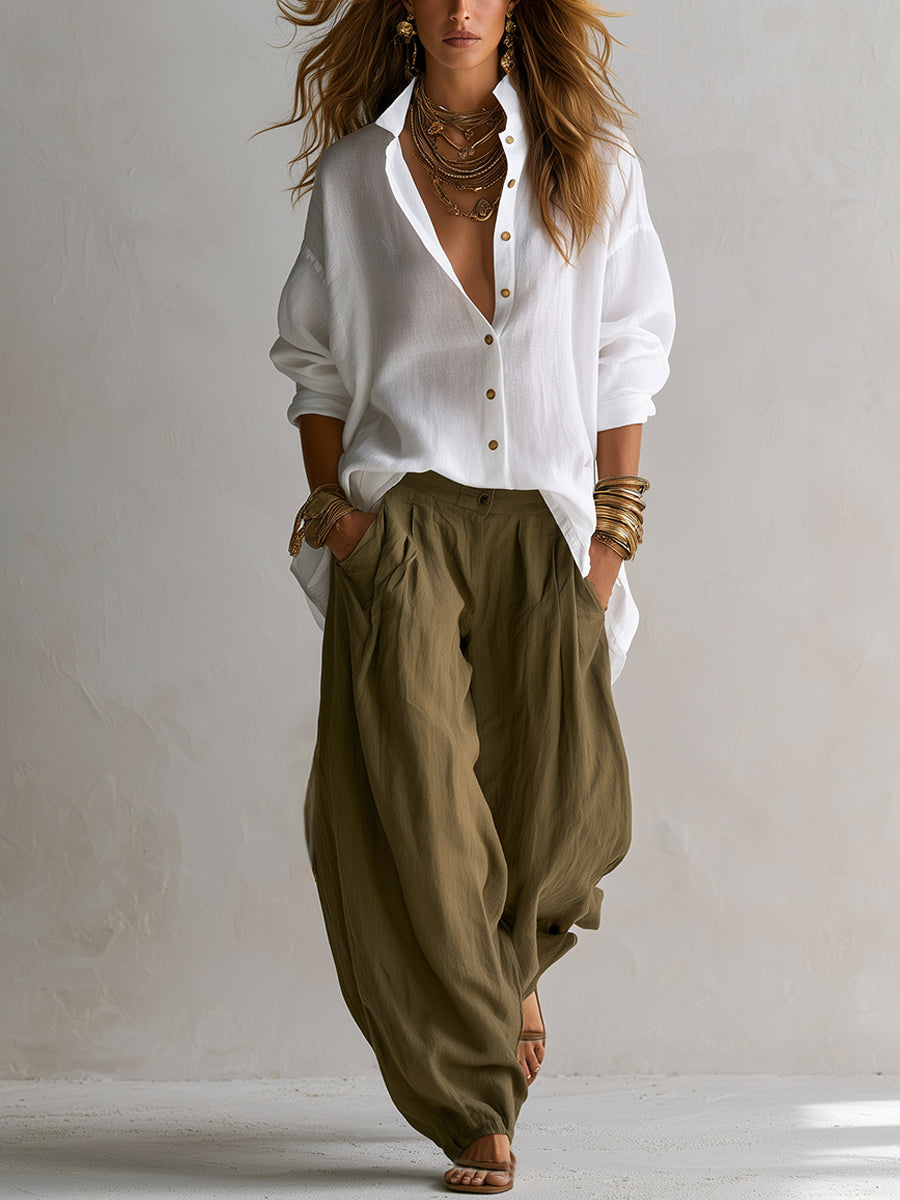 Conjunto de camisa blanca holgada y pantalón verde de pierna ancha tipo farol