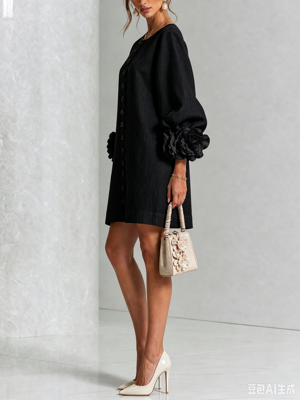 Vestido Corto Floral Abotonado con Llamativos Puños Florales