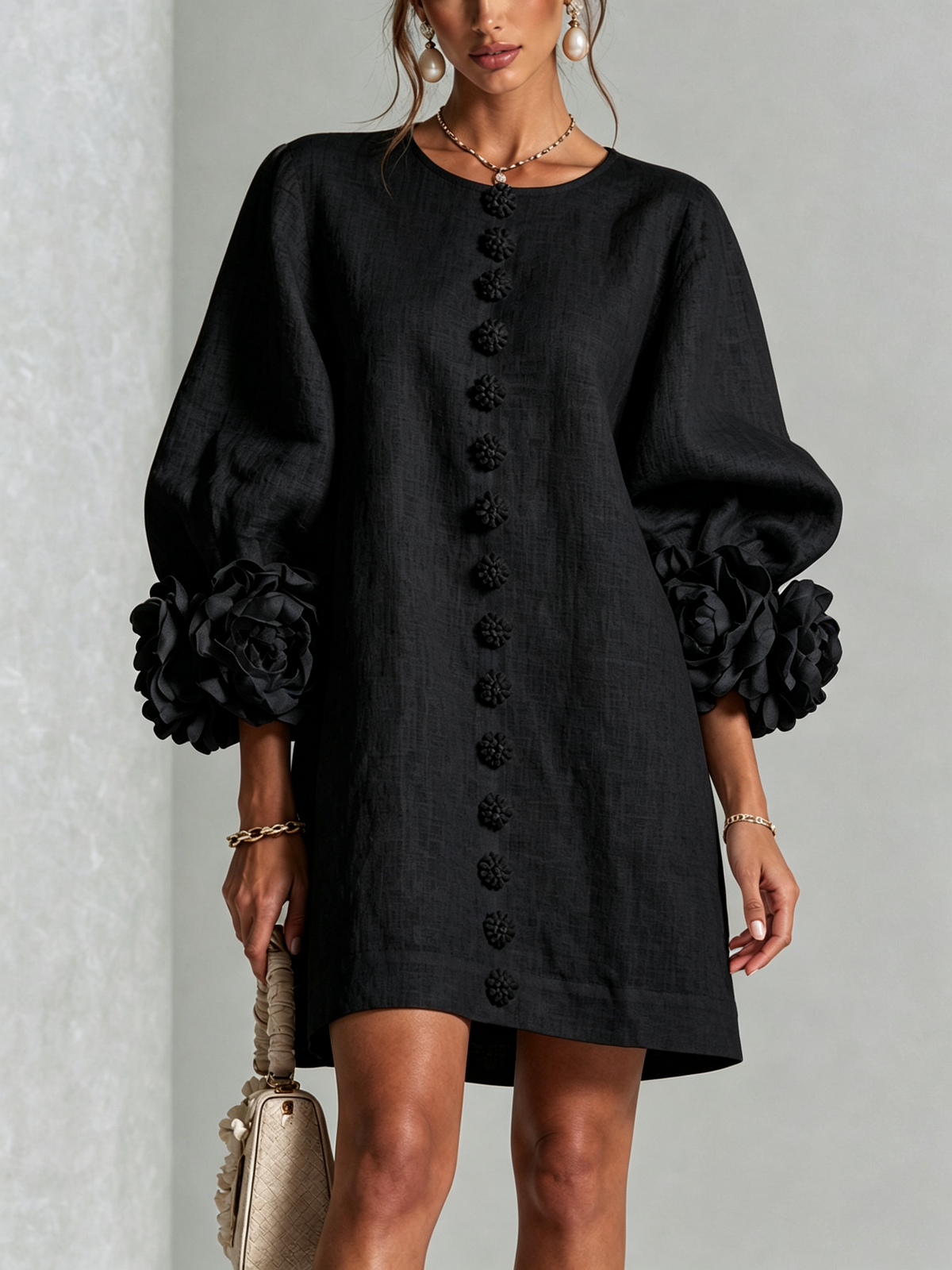 Florence™ | Vestido Mini Floral con Botones y Puños de Nudo de Rosa