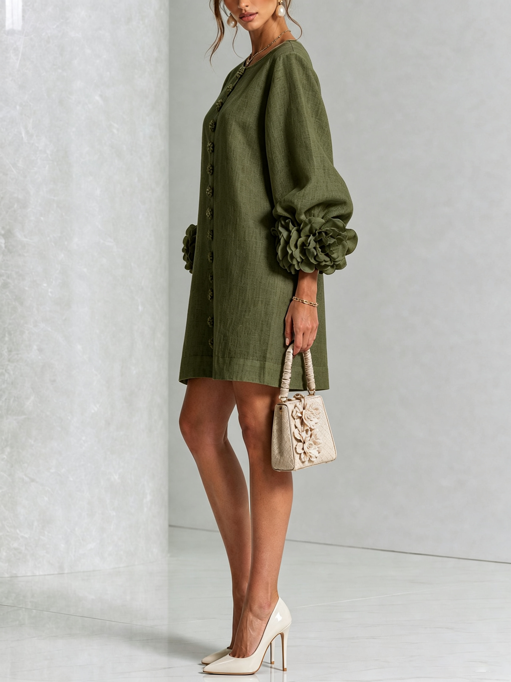 Florence™ | Vestido Mini Floral con Botones y Puños de Nudo de Rosa