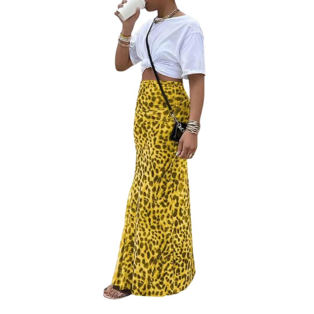 THORA™: falda midi de corte sirena con estampado de leopardo salvaje