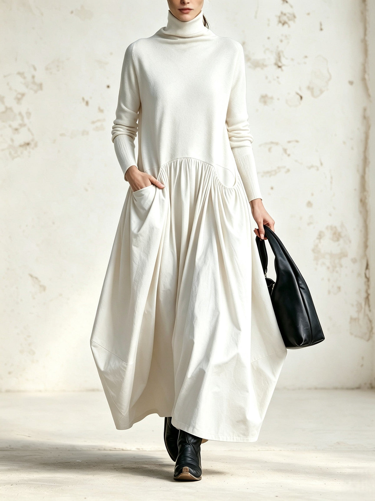 Vestido largo oversize de cuello alto con bolsillos