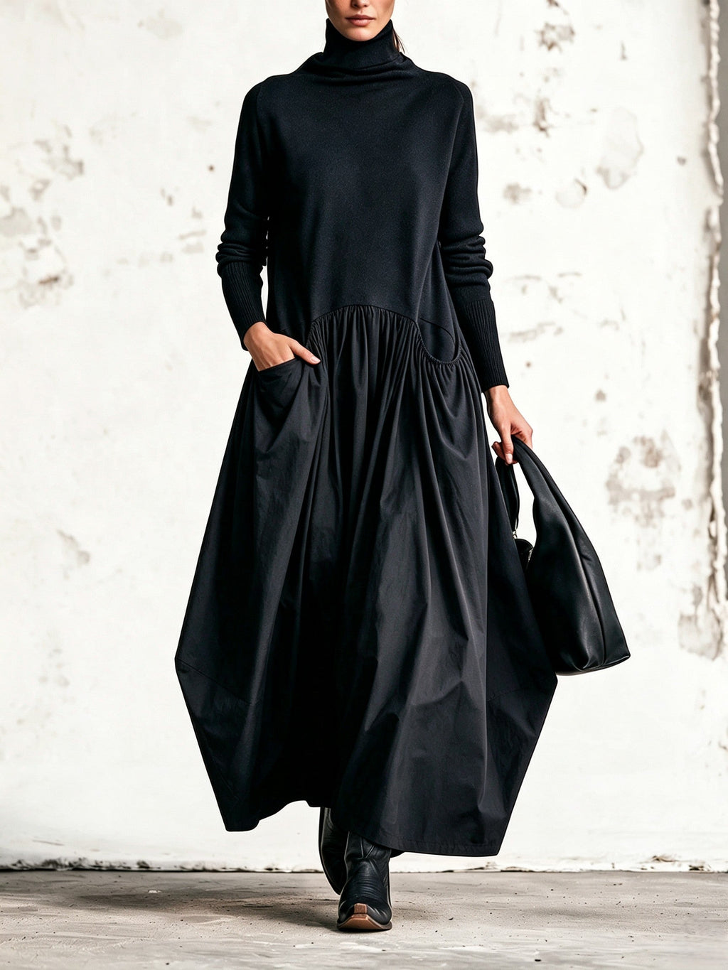 Vestido largo oversize de cuello alto con bolsillos