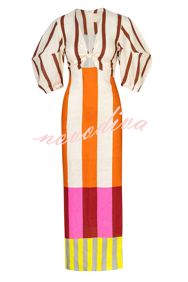 Vestido largo Kaya de mezcla de lino con estampado de bloques de color, abertura delantera con nudo y manga abullonada