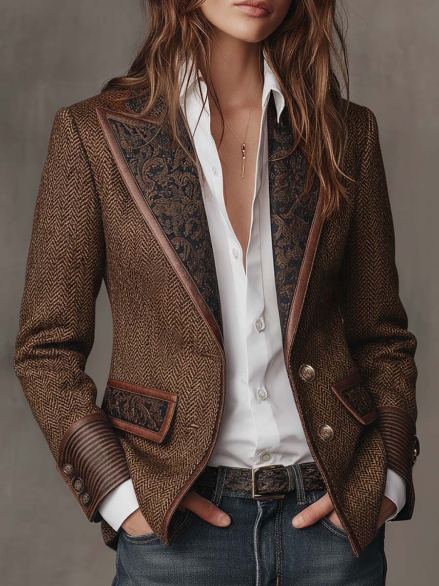 Blazer con Paneles Estampados de Espiga para Mujer