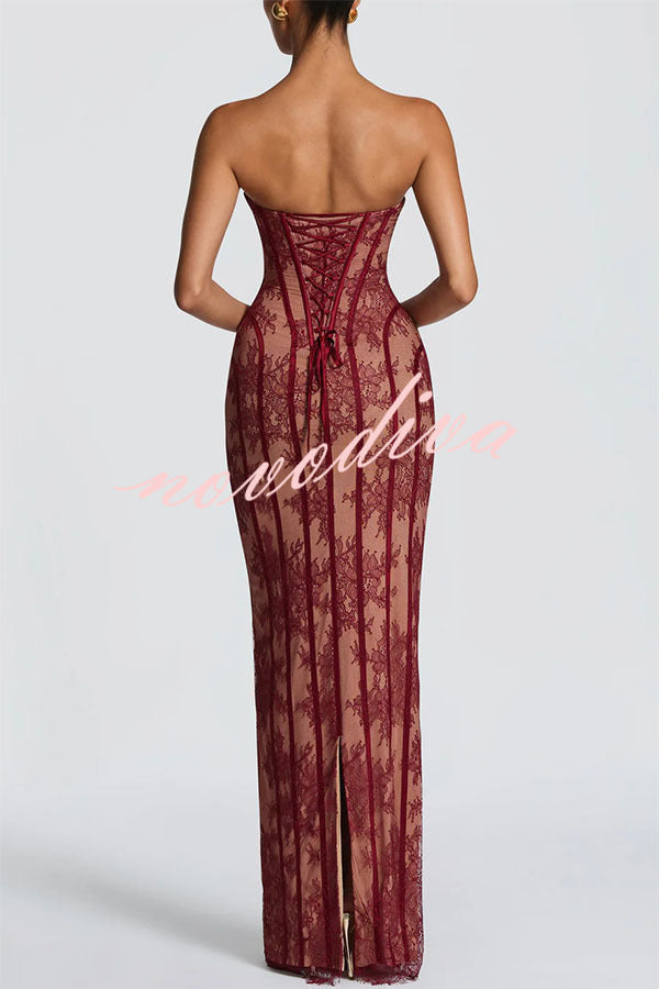 Vestido largo Sian palabra de honor de encaje floral con detalle estructurado en contraste, abertura y lazada en la espalda