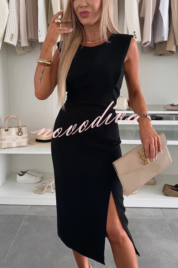 Vestido midi elástico Charming Lady liso con cuello redondo, sin mangas, cintura marcada y abertura
