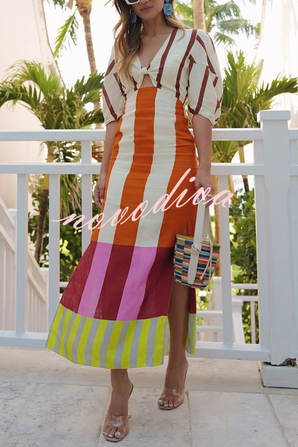 Vestido largo Kaya de mezcla de lino con estampado de bloques de color, abertura delantera con nudo y manga abullonada
