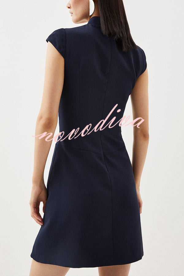 Minivestido Estilo Militar con manga corta caída, cuello alto, patchwork y bajo plisado