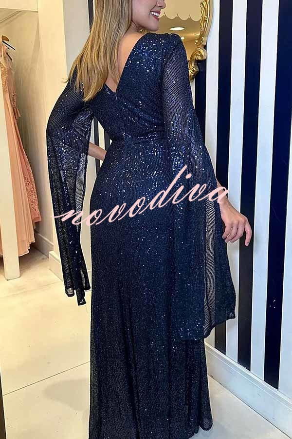 Vestido largo de noche Brilla Más de lentejuelas con manga capa y cintura cruzada