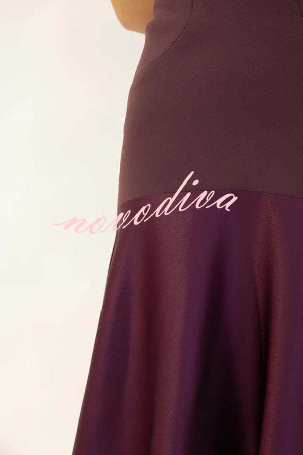 Vestido largo de gala palabra de honor de satén con paneles y vuelo, elegancia atemporal