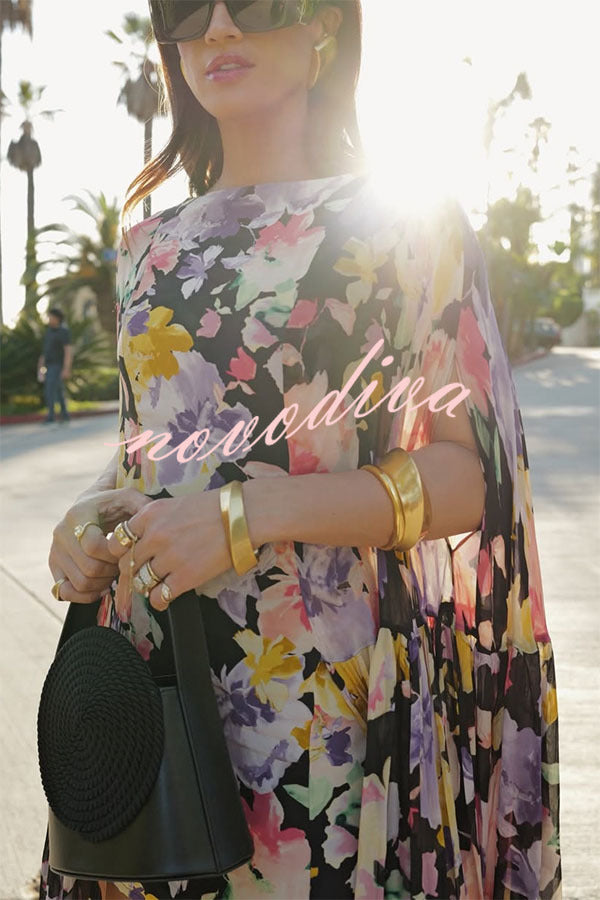 Vestido largo con capa Garden Party con estampado floral en contraste y bajo asimétrico