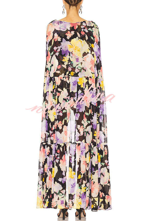 Vestido largo con capa Garden Party con estampado floral en contraste y bajo asimétrico