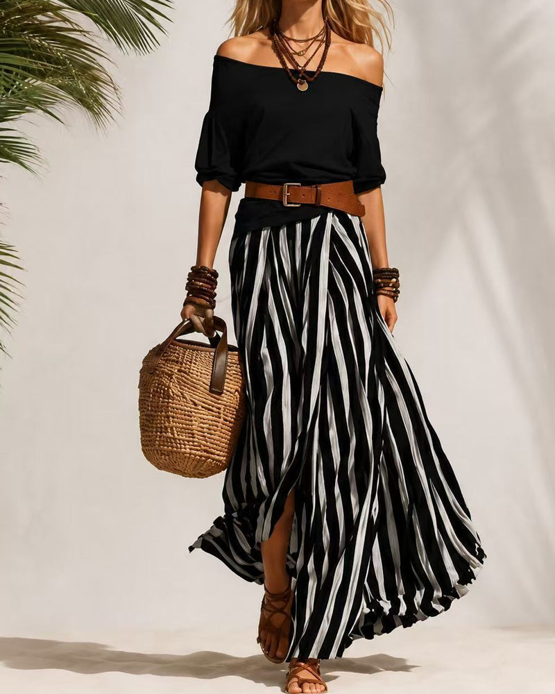 MADISON | Conjunto de falda maxi de rayas con top de hombros descubiertos
