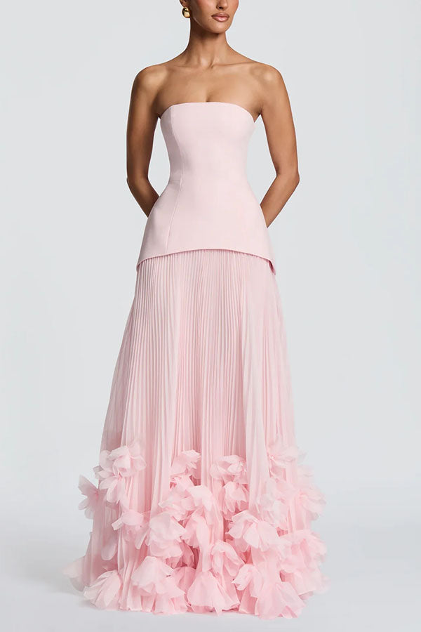 Vestido largo de gala Serafina palabra de honor con apliques florales hechos a mano, bajo plisado y lazada en la espalda