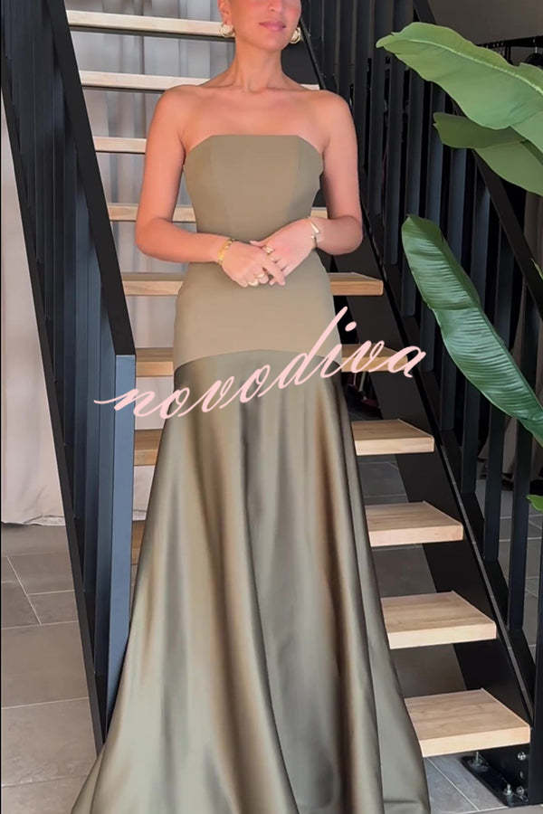 Vestido largo de gala palabra de honor de satén con paneles y vuelo, elegancia atemporal