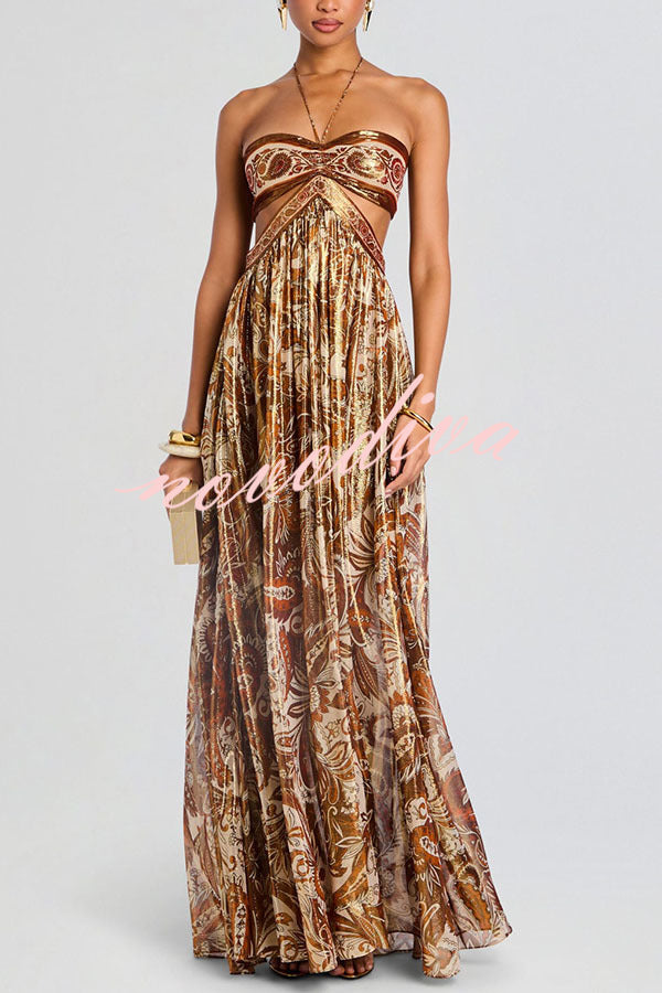 Vestido largo halter Bohemian Flair de gasa con estampado de cachemir dorado y aberturas