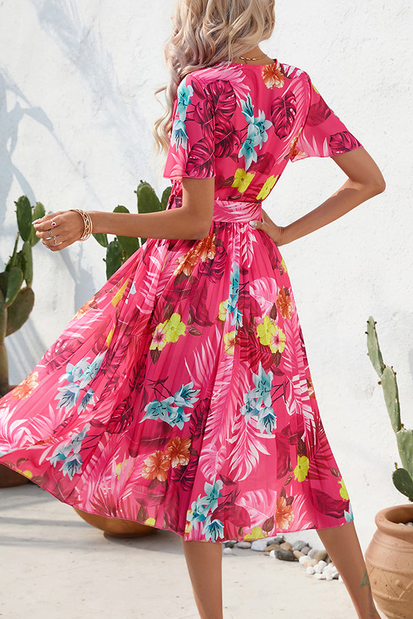 Vestido midi Paulette plisado con estampado floral en contraste y cinturón