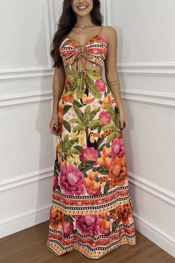 Vestido largo Estilo México con estampado tropical, abertura con aro y lazada, ideal para vacaciones
