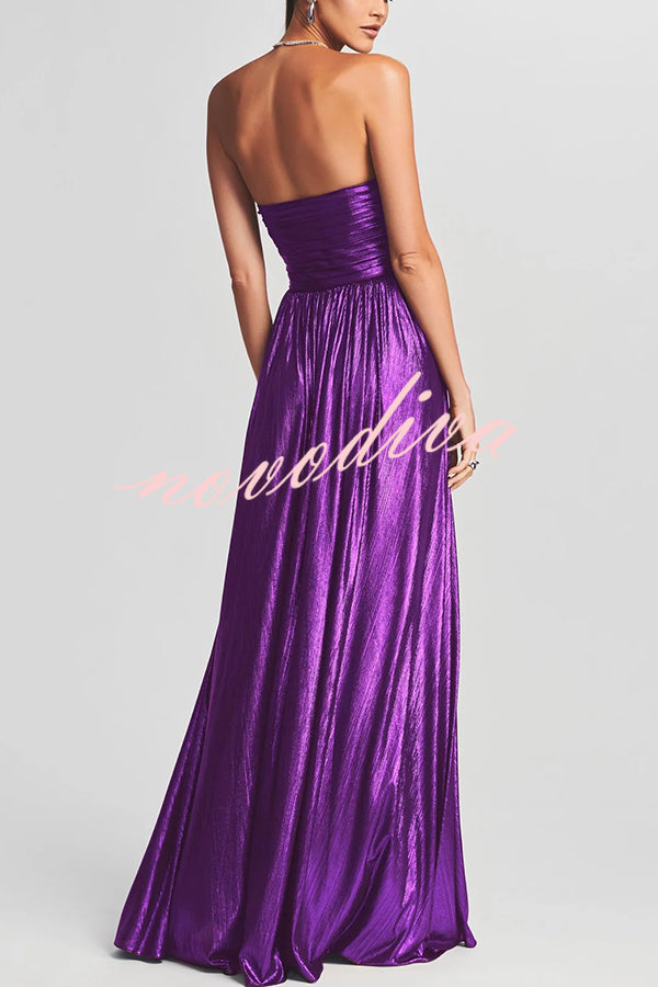 Vestido largo Temperamento de Diosa de tejido metalizado plisado con hombros descubiertos y abertura
