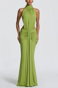 Vestido largo Thekla de punto elástico y fluido con cuello alto, fruncido, espalda descubierta y drapeado