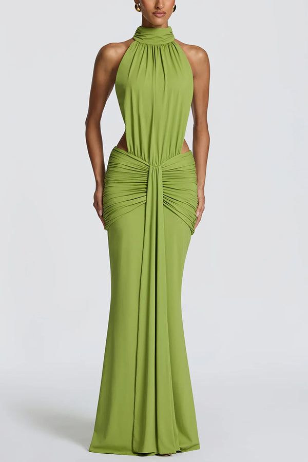 Vestido largo Thekla de punto elástico y fluido con cuello alto, fruncido, espalda descubierta y drapeado