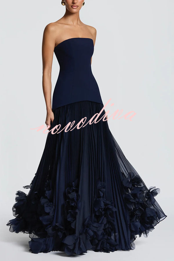 Vestido largo de gala Serafina palabra de honor con apliques florales hechos a mano, bajo plisado y lazada en la espalda