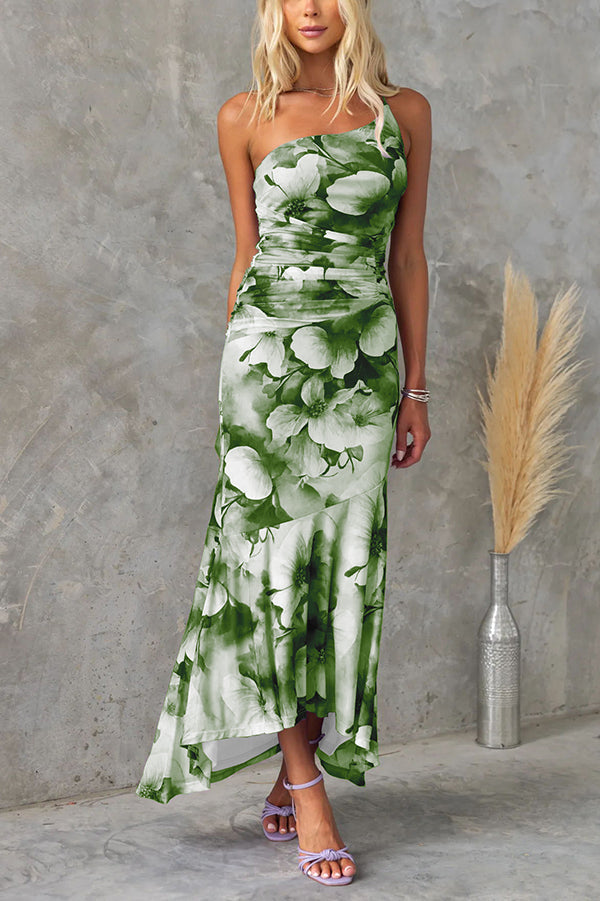 Vestido largo elástico Deja con capa de malla, estampado floral, asimétrico y fruncido