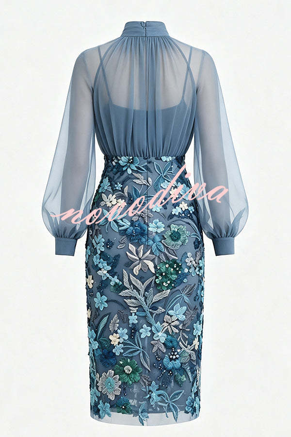 Vestido midi ajustado Analie de gasa con cuello alto, manga farol y bajo floral de lentejuelas