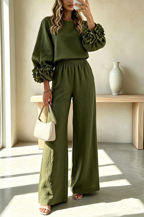 Conjunto de mezcla de lino de blusa con puños florales y pantalón con cintura elástica y bolsillos